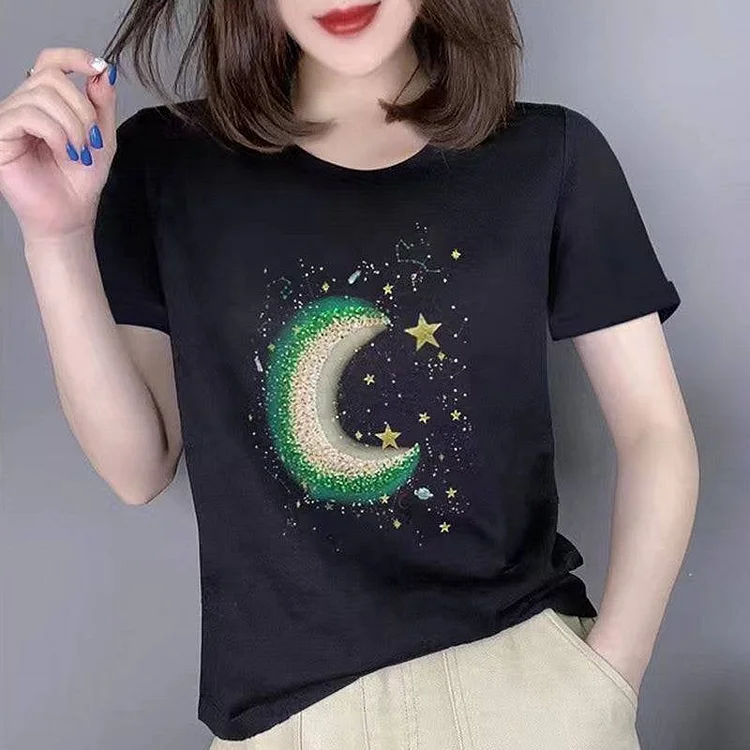 Casual Sequined Moon Printed T-Shirt QueenFunky