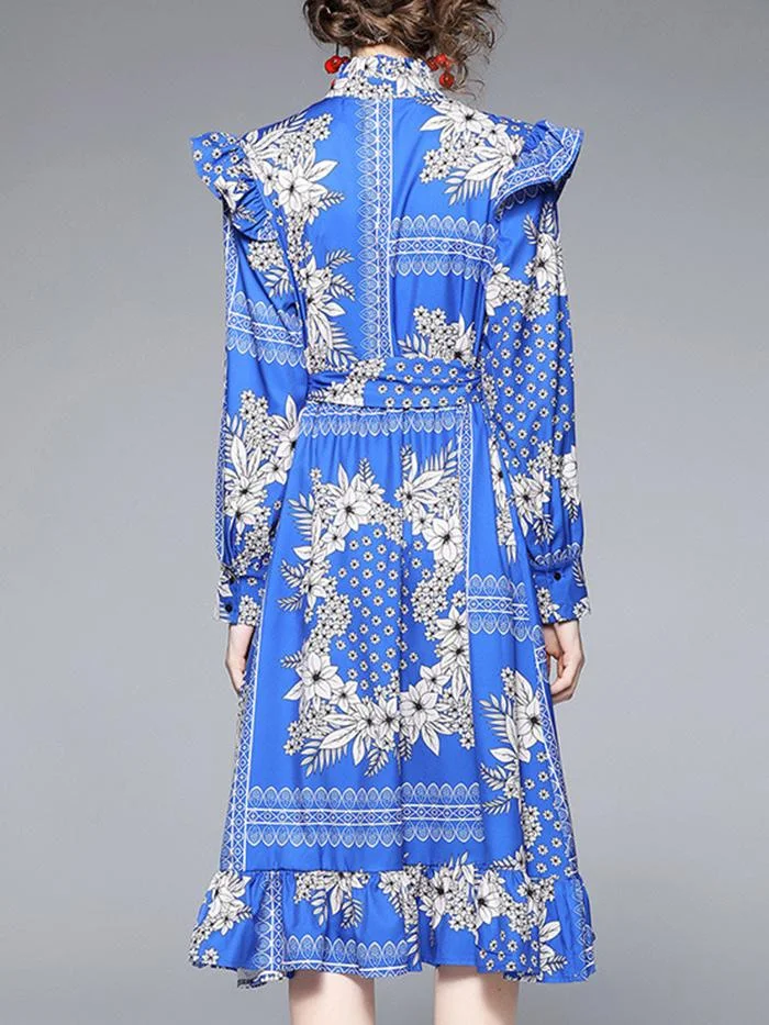 Elegant Floral Print Stand Collar Ruffle Dress
