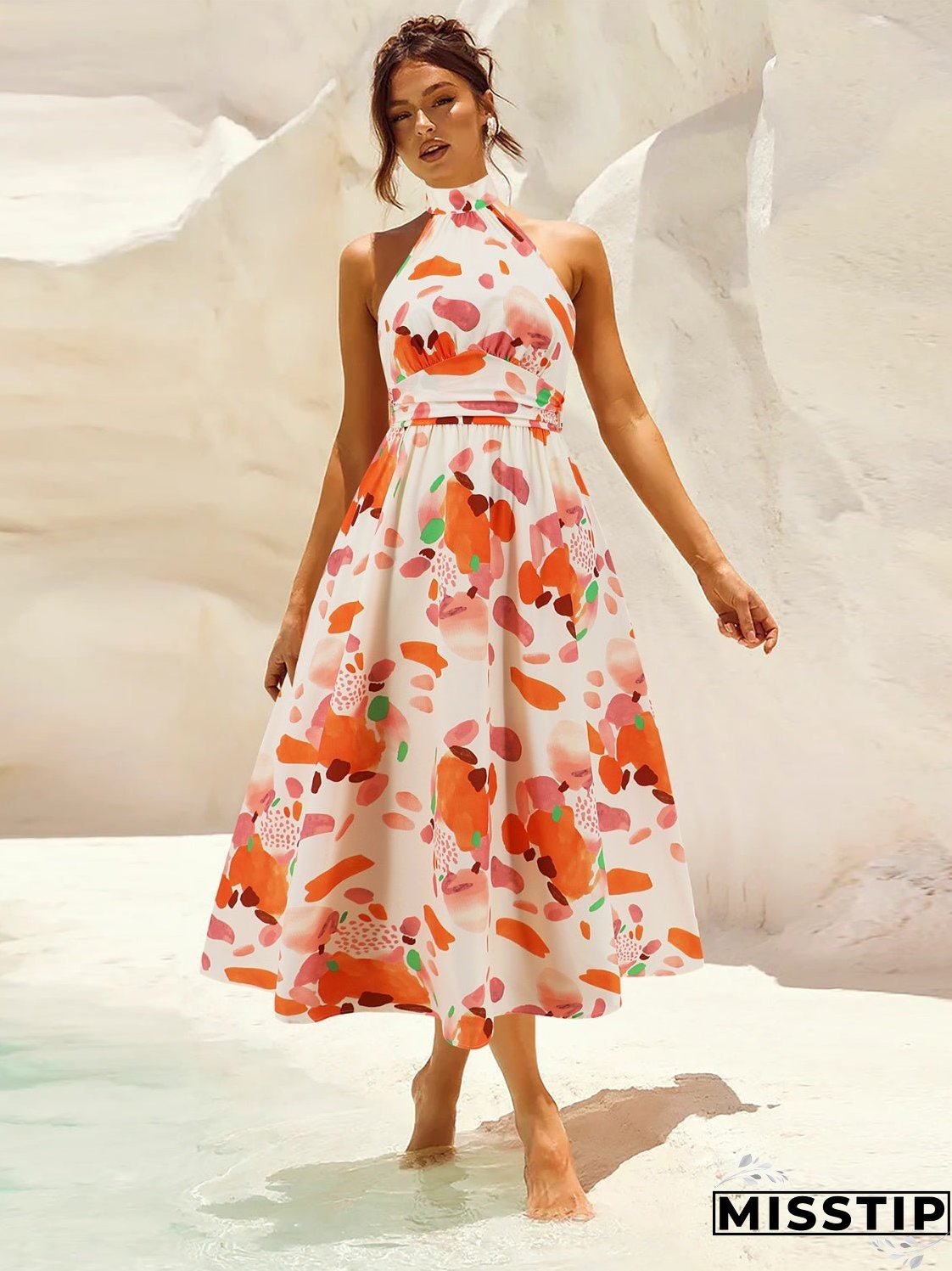 Ruched Printed Halter Neck Sleeveless Dress