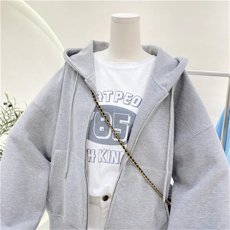 Zoki Harajuku Women Hoodies Sweet Pink Zipper Hooded Long Sleeve Fall Solid Sweatshirt Fashion Cute Casual Pocket Ladies Coats