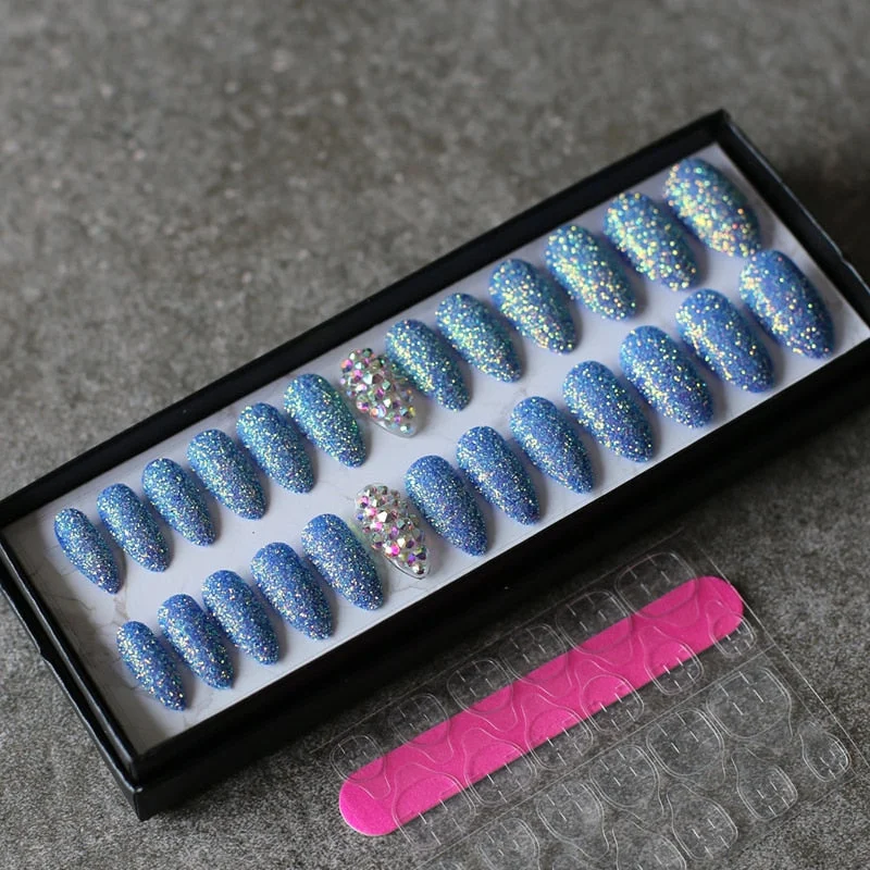 Art design Glitter powder fake nails red pink 26pcs Stiletto Full crystal diamond false nails wedding nails-Nail Inspo