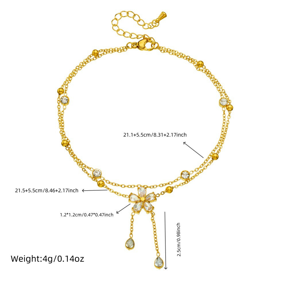 Fashionable Diamond-Studded Five-Petal Flower Chain Tassel Stacking Double-Layer Stainless Steel Gold-Plated Thin Chain Anklet