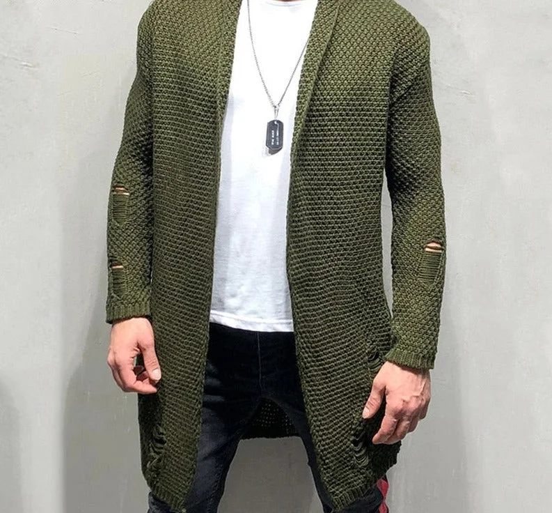 2022 New Men's Cardigan Male High Street Slim Fit Long Cardigans Outerwear Solid Color Knitted Sweater Coat 3XL