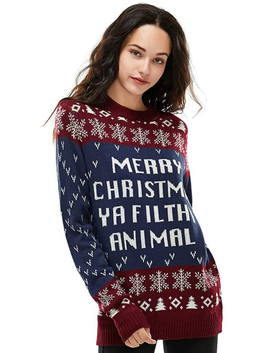 Christmas Sweater Round Neck Reindeer Print Long Sleeve Knitted Sweaters