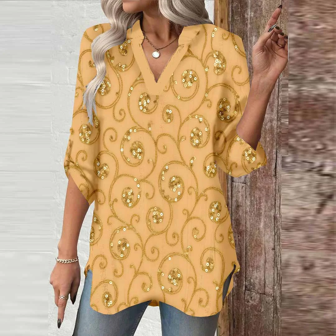Women Shiny, Apricot, Polka Dots DZGA0398 3/4 Sleeve V-neck Printed Graphic Button Tops