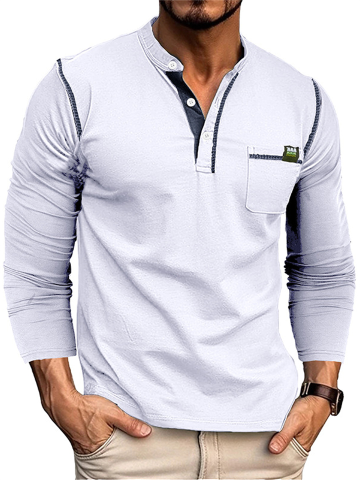 Men's Henley Long-sleeved T-shirt Colorblocked Knit Round Neck T-shirt