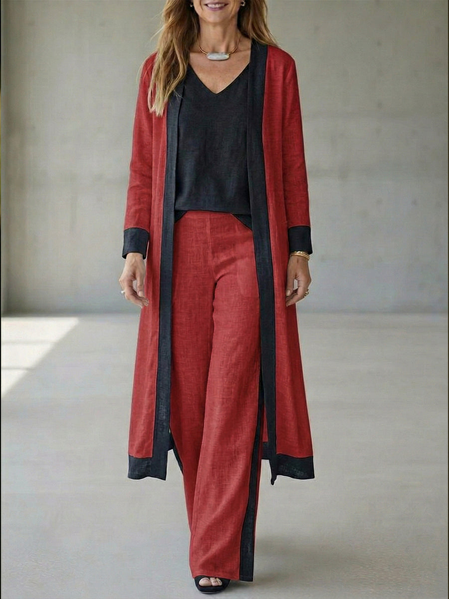 Casual Linen And Cotton Long Cardigan And Sleeveless Top And Trousers Three-piece Set