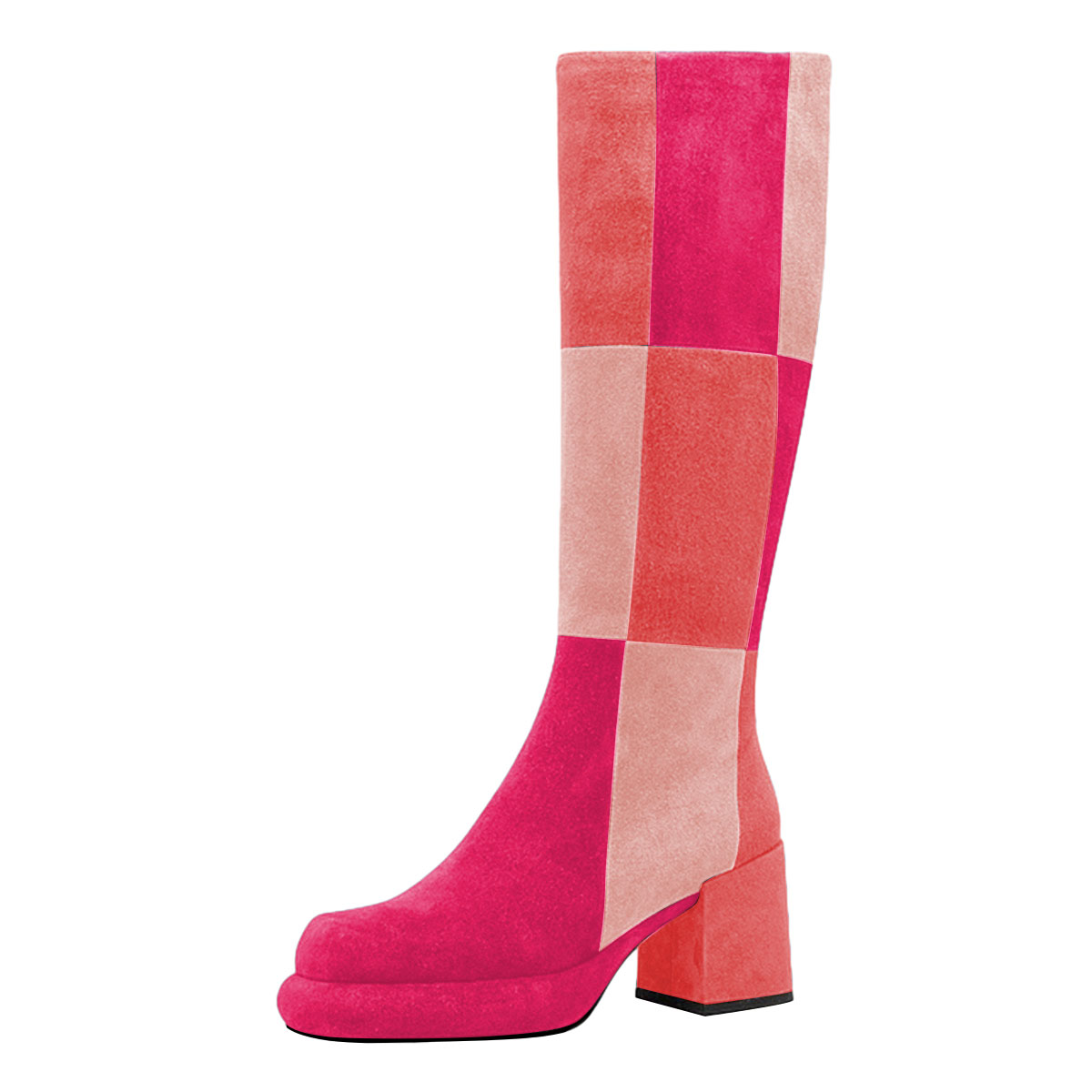 Pink Color Block Round Toe Chunky Heel Knee-High Platform Boots Nicepairs