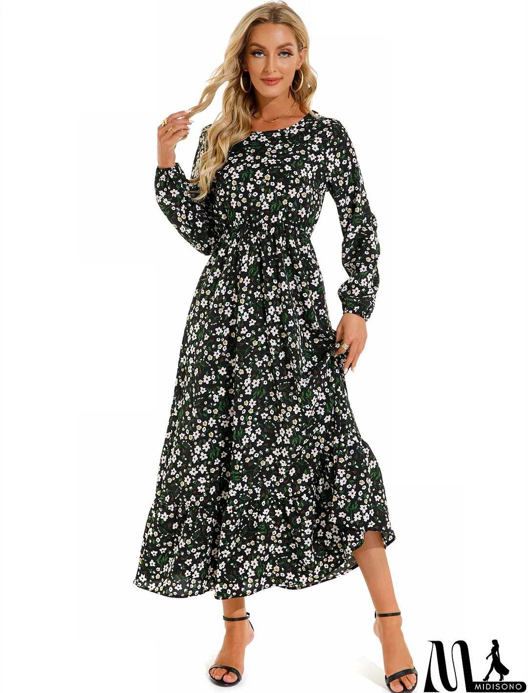 MidiSono - Women Fashion Casual Floral Print Round Neck Long Sleeve Maxi Dress