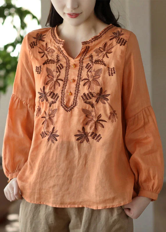 Vintage Orange Embroideried Wrinkled Patchwork Linen T Shirt Spring