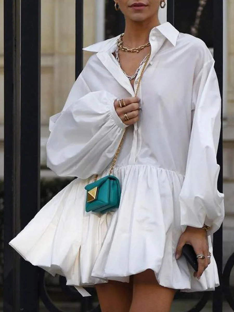 Women Pleated Lapel Puff Sleeve Shirt Dress