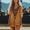 Music Festival Rock Rave Party Vintage Wasteland Ethnic Lace Tassel Floral Linen Dress by Inlyline