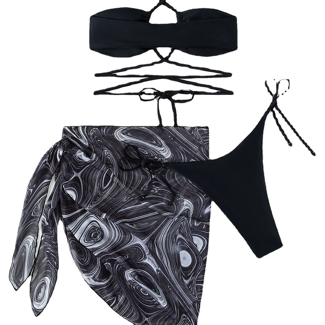 Uveng 2025 New Swimsuit Lady Gathers Rope Sexy Print Skirt Three-Piece Mesh Bikini