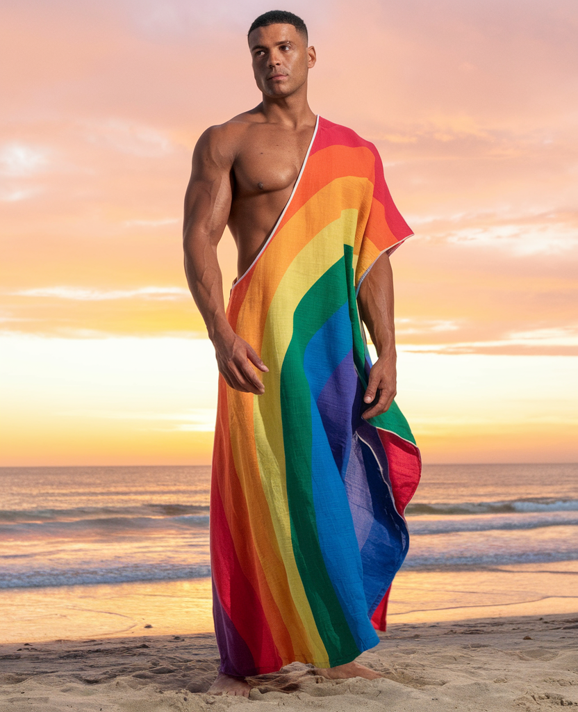 Men's Rainbow Print One-Shoulder Kaftan