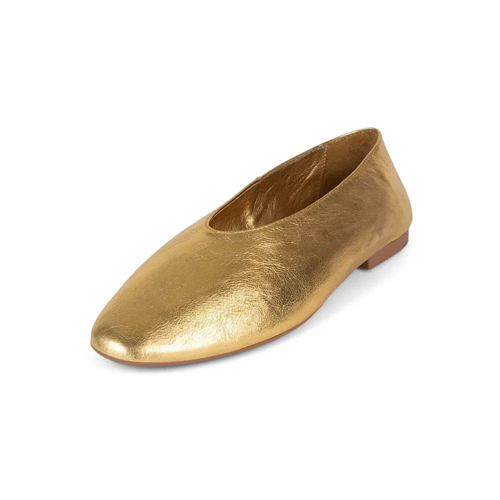 Gold Vegan Leather Round Toe Slip-On Ballerina Flats Nicepairs
