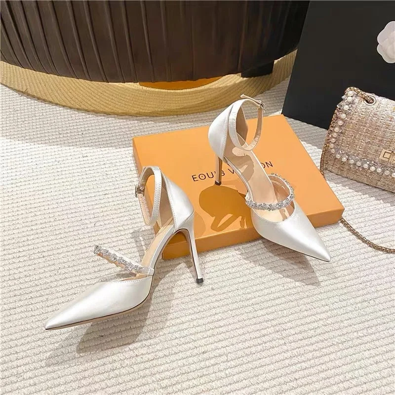 Lourdasprec  Diamond Pointed High Heel Shoes 2023 New White Wedding Shoes Celebrity Thin Heel Shallow Buckle Single Shoes Black Sandals