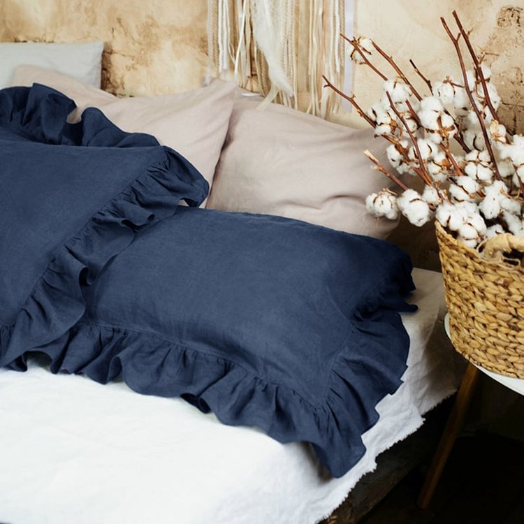 2pcs | Navy Blue Ruffled 100% Flax Linen Pillowcase-ChouChouHome