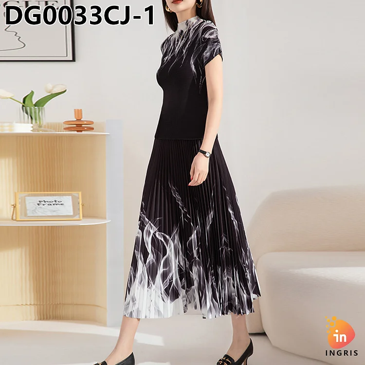 High Quality Pleat Clothing Casual Style Printed Lomg Sleeve Top And Printed Long Pleated Skirt Two Piece Sets-DG00035CJ