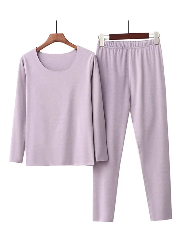 2PCS Plus Size Pure Color Round-Neck Top&Bottom Pajama Set