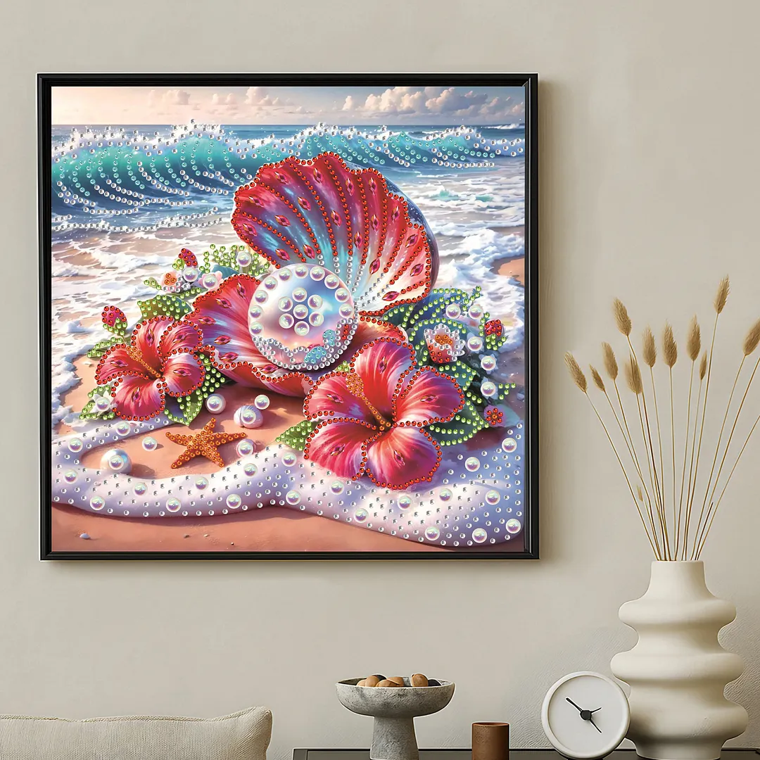 Beach Hibiscus Beaded Decor Special Shaped 5D DIY Partial Drill Diamond Painting Kits for Adults Beginners Home Decor Diamonds Dots Gem Art Kits 11.81 X11.81inch