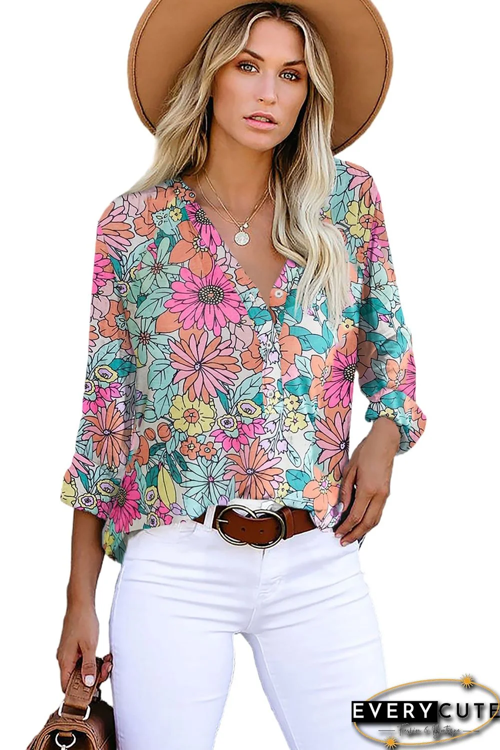 Multicolor Striped V Neck Pocket Long Sleeve Top