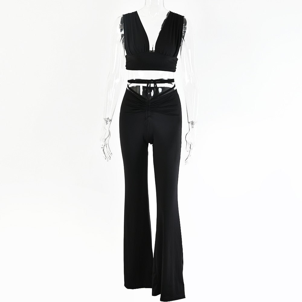 Articat Slim Backless Two Piece Set Women Solid Sleeveless Top Long Pants Ladies Winter Slim Hollow Out Women Streetwear Sets