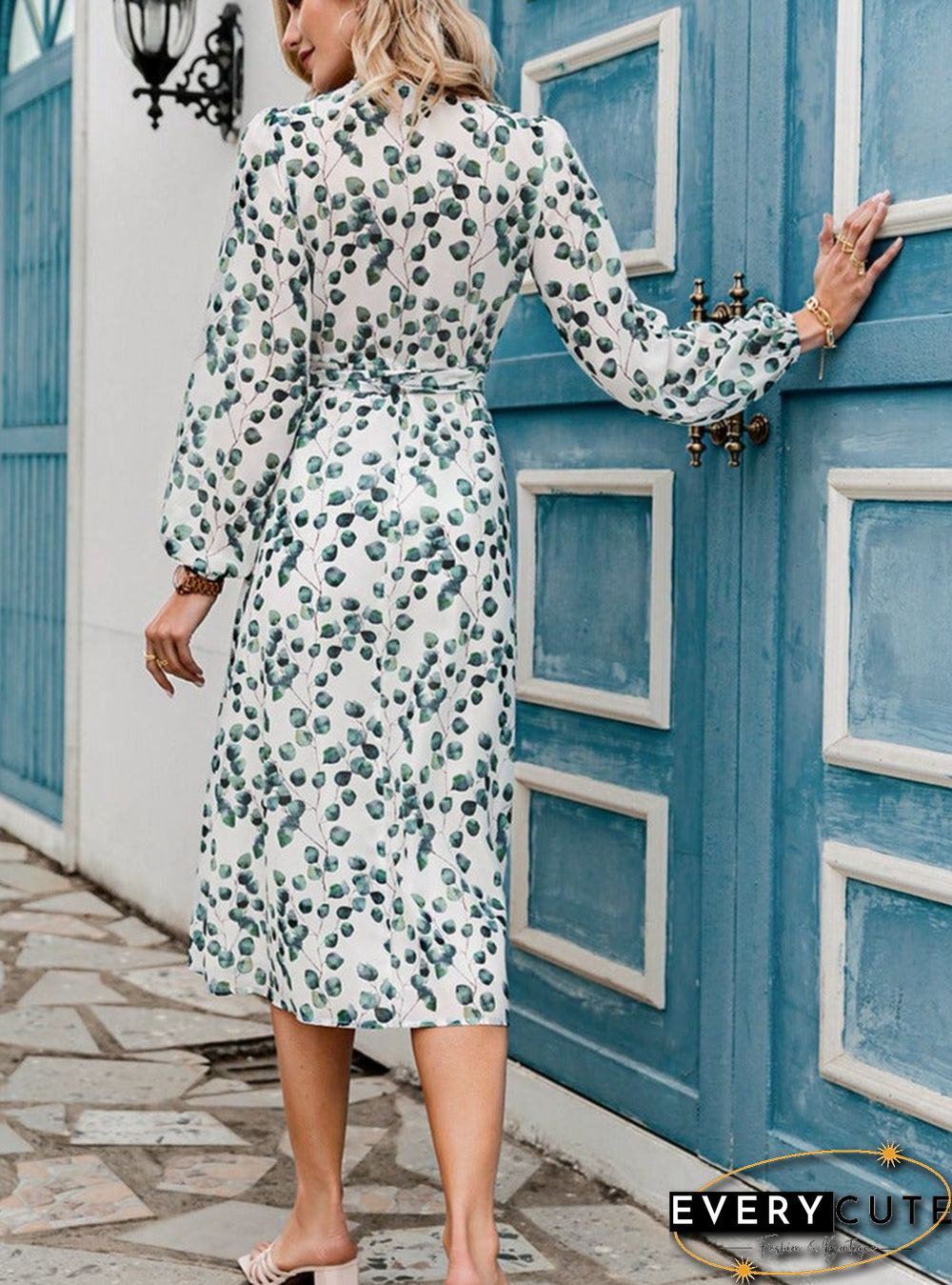 Printed Long Sleeve Green Leaf Dress