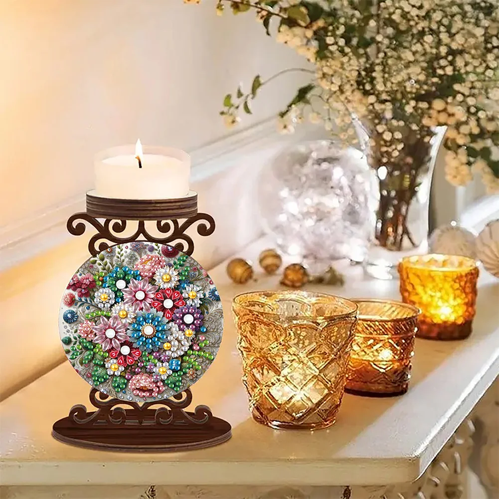 Wooden Diamond Painting Candle Holder Rhinestone Candlestick Decor (Flower)