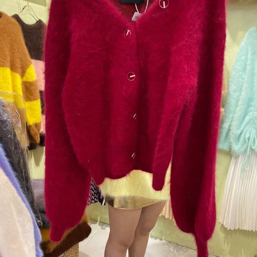 Women's Winter V-neck Long Sleeve Cardigan Knitted Sweater Sweet and Gentle Fashion Korean Furry Fluffy Sweater Puff Sleeve