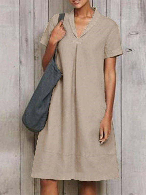 Women Short Sleeve V-neck Soild Midi Dress