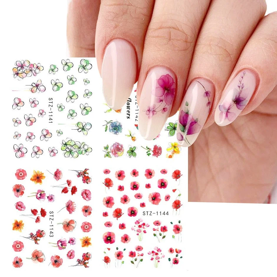 Nail Stickers Water Transfer Sketchs Flower Designs 4Pcs/Set Nail Decal Decoration Tips For Beauty Salons-Nail Inspo