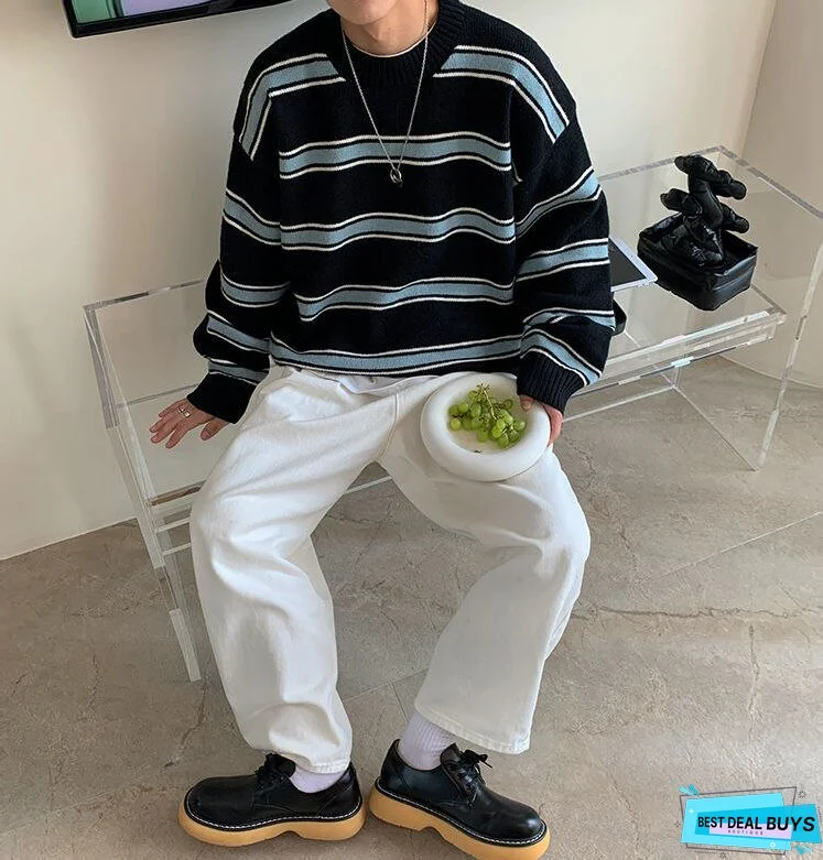 Striped Sweater Men Round Neck Winter Pullover Sweater Korean Fashion Harajuku Loose Wild Long Sleeve Sweater Oversize