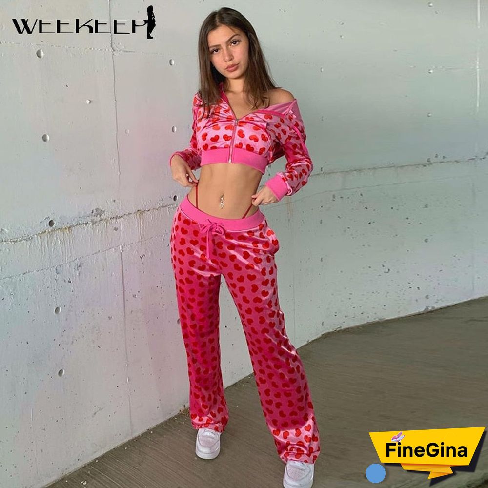 Weekeep Pink New Cute Heart Velvet Straight Trousers Streetwear Women Lace Up High Waist Baggy Pants Autumn Casual Sporty Jogger