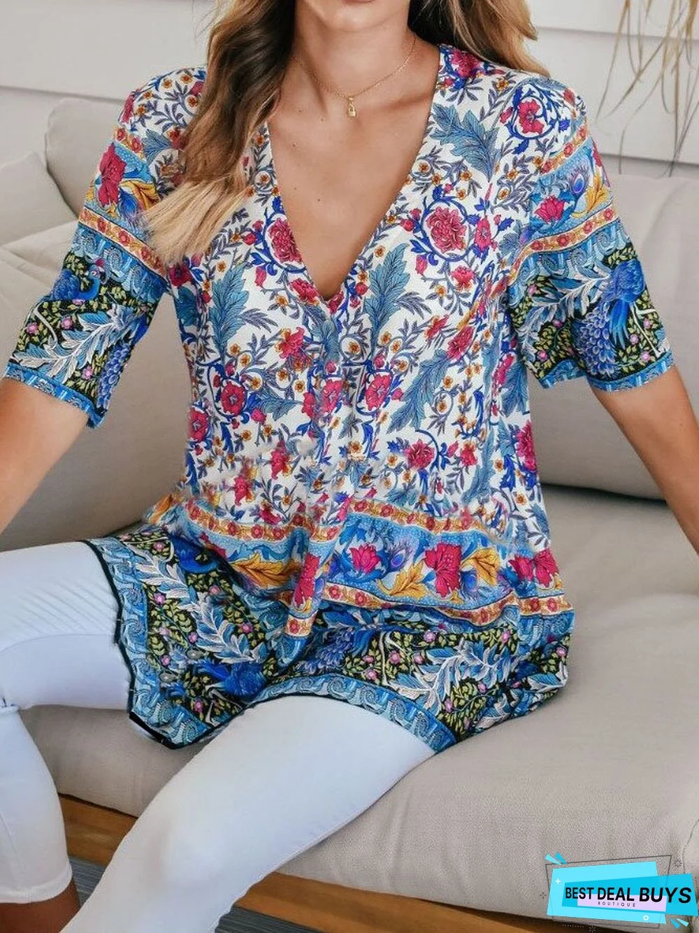 Cotton-Blend Boho Half Sleeve Tops