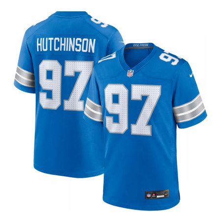 Detroit Lions  Home Game Jersey Blue #97 Aidan Hutchinso Mens