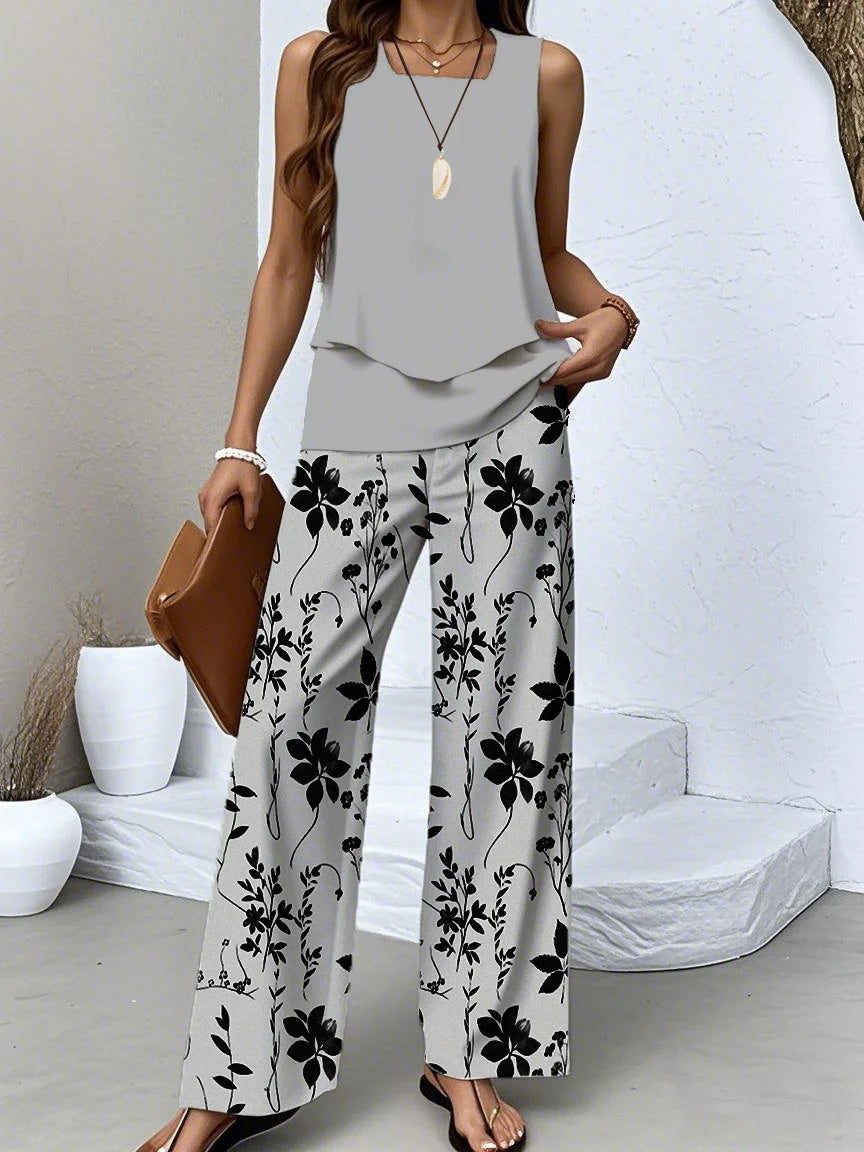 Women's Sleeveless Square Collar Floral Printed Casual Set