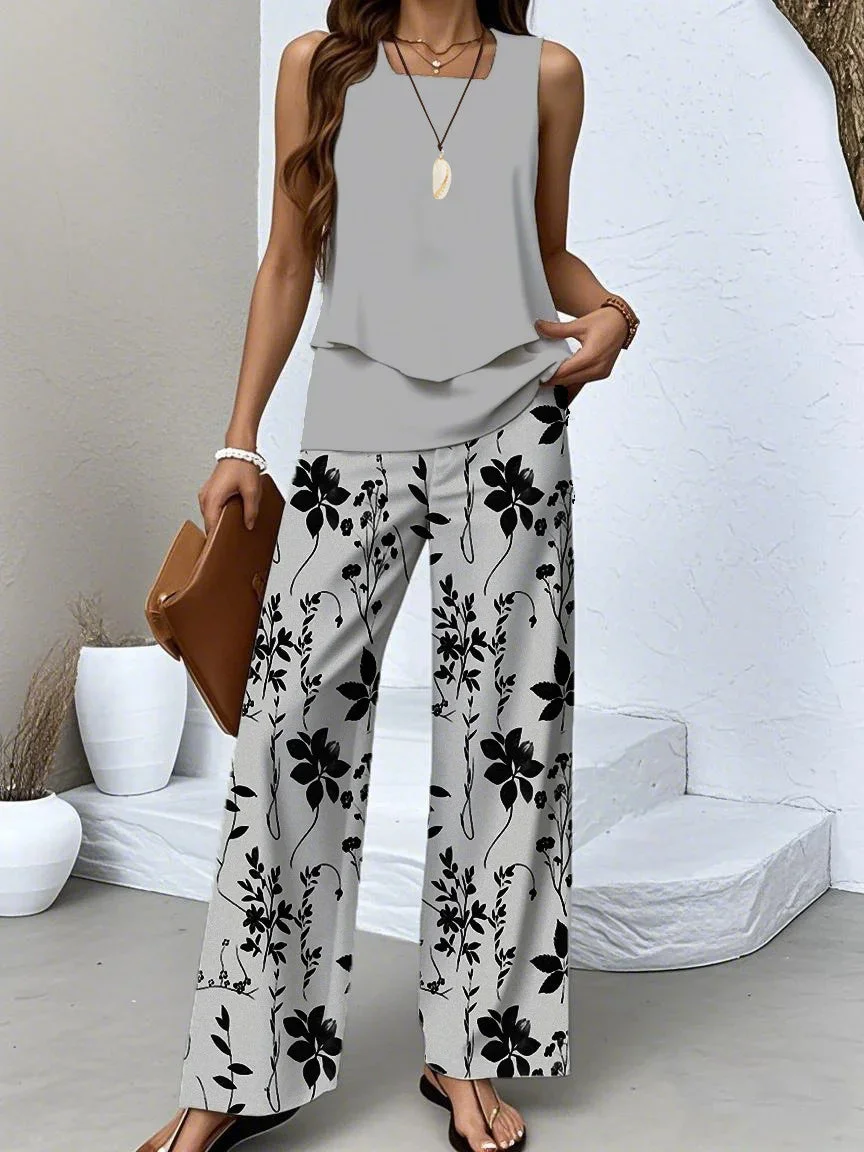 Women's Sleeveless Square Collar Floral Printed Casual Set