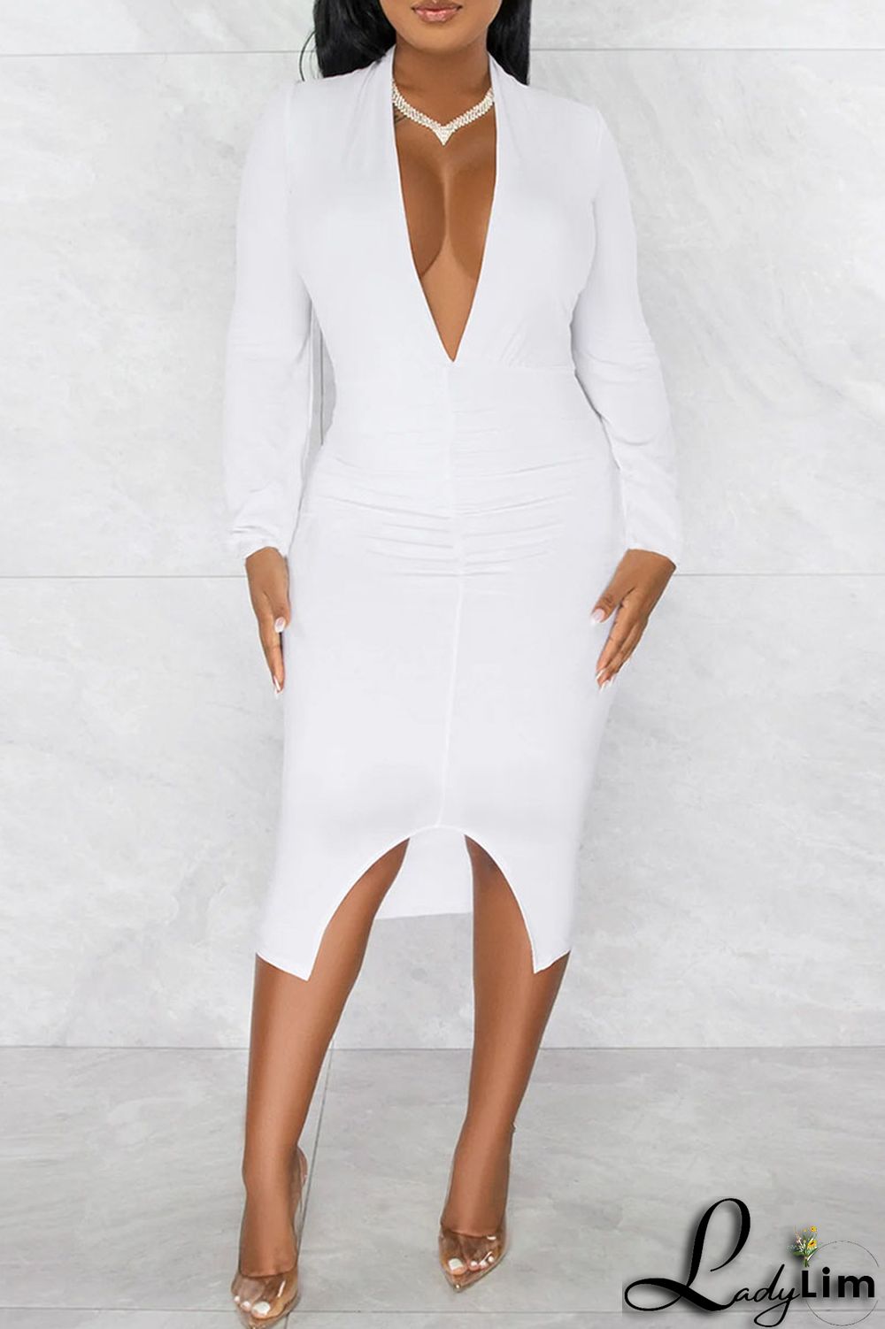 Orange Sexy Solid Patchwork Slit V Neck Long Sleeve Dresses