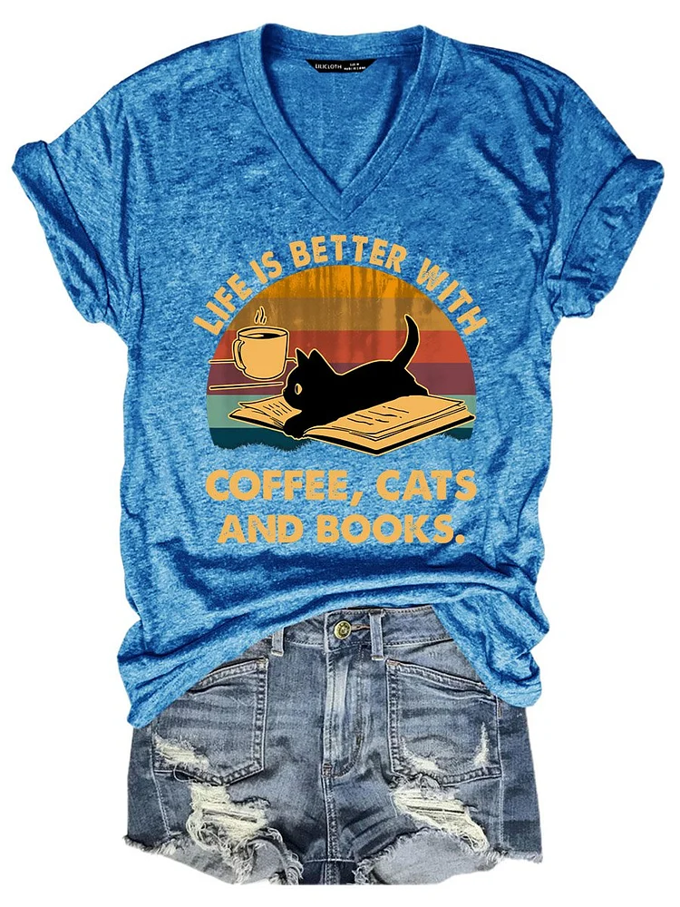 Bestdealfriday Vintage Life Is Better With Coffee Cats And Books Graphic Round Neck Short Sleeve Tee