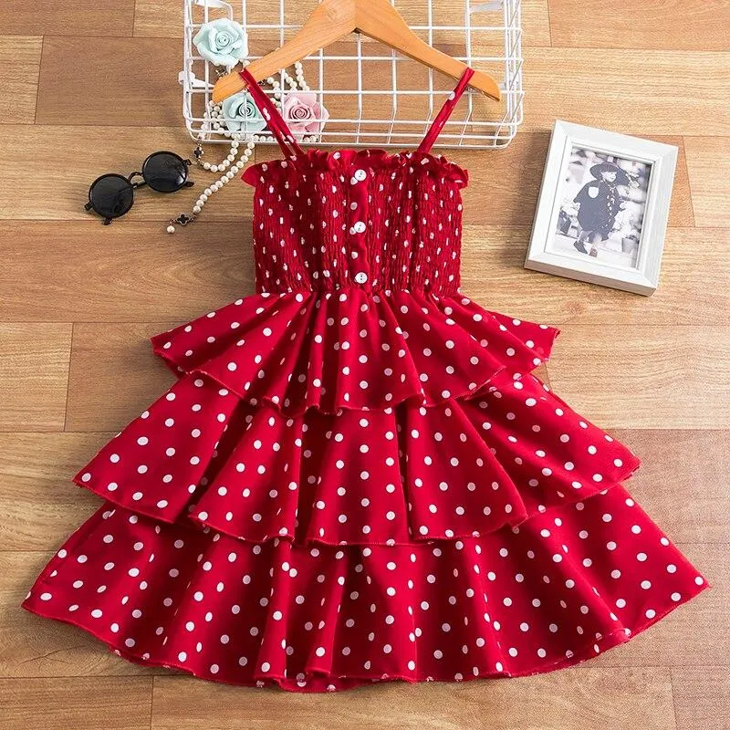 Summer Fancy Pretty Girl Colorful Dots Dress Birthday Party Princess Dress Lace Ball Gown Elegant Dress Casual Dress Size 3-8T