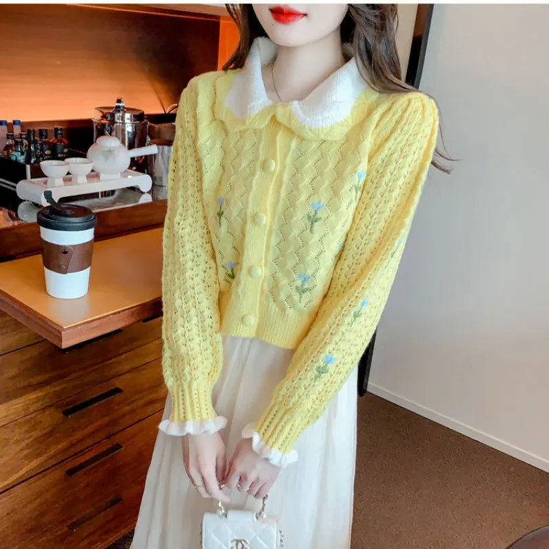 Churchf Churchf New Autumn With Long-Sleeved Sweater Versatile Show Thin Short Jacket Sweet Doll Collar Knit Cardigan Girl