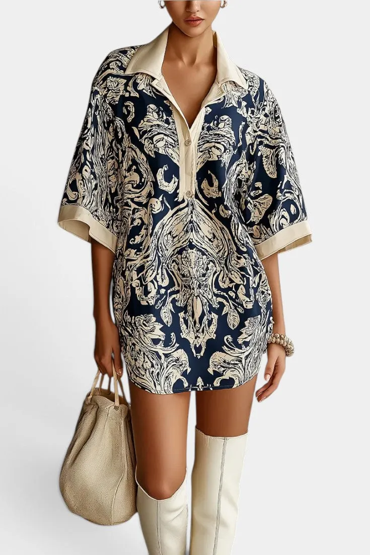 Baroque Print Shirt Dress with Contrast Collar