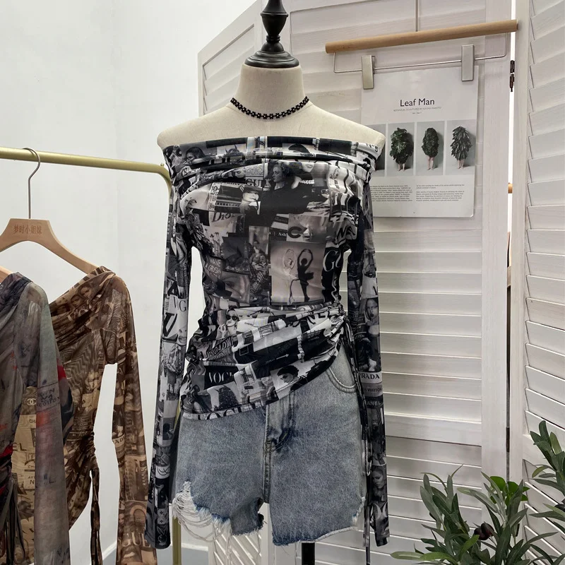 Uveng Vintage Graffiti-Printed Shoulder-Threin Mesh Long-Sleeved Blouse Side Drawstring Tethered With Slime T-Shirt 8959