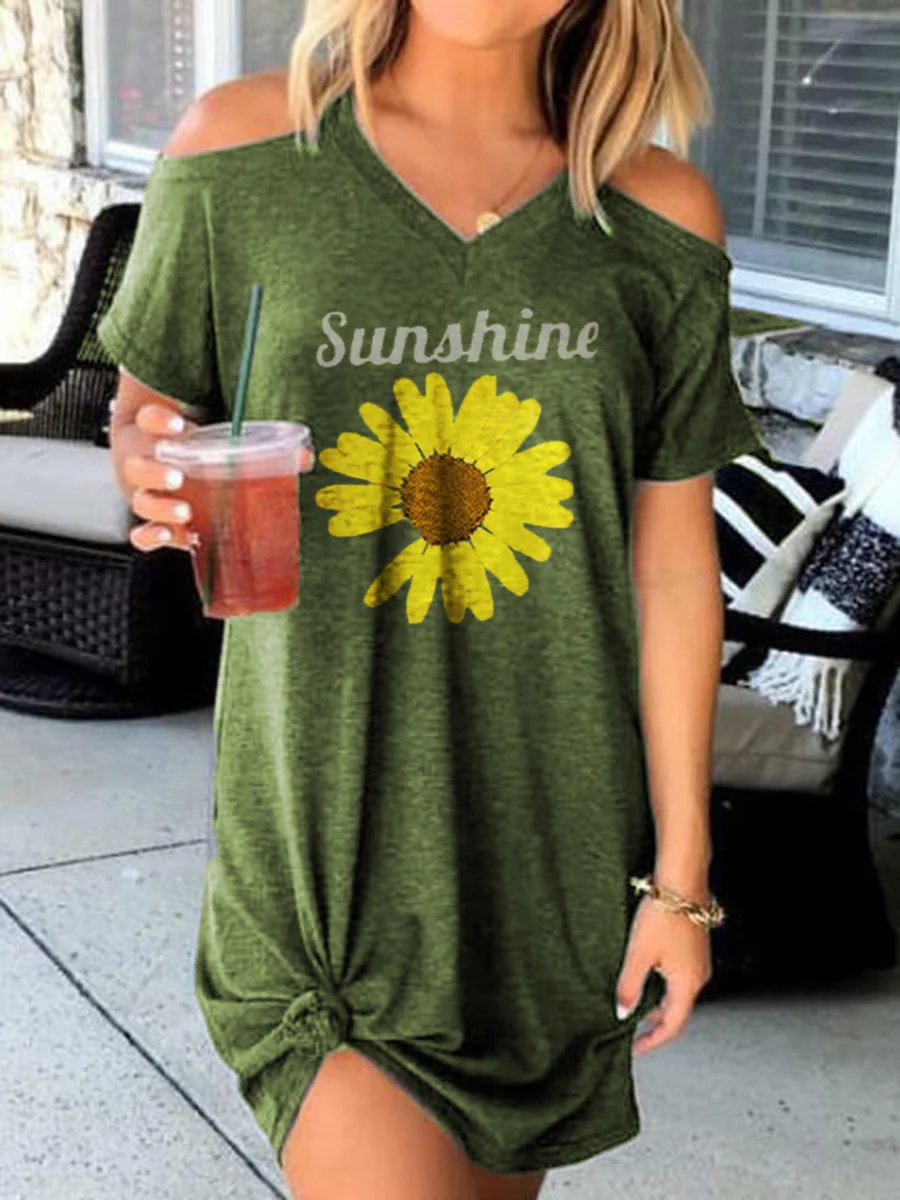 Sunshine Sunflower Off-the-shoulder Short Sleeve Dress