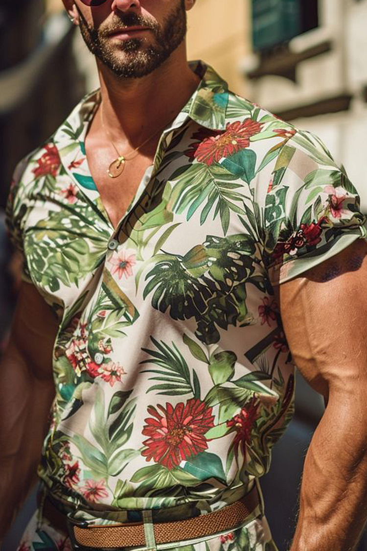 Hawaiian Floral Print Slim Fit Short Sleeve Shirt 