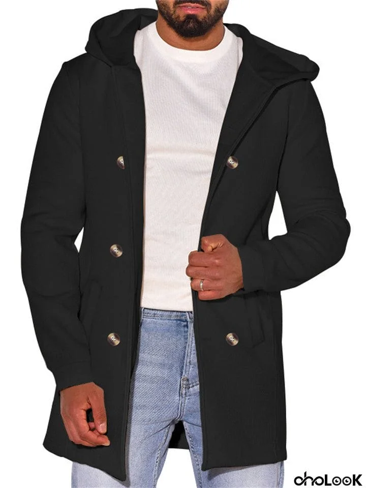 Men's Daily Wear Fashion Double-Breasted Hooded Long Sleeve Coat