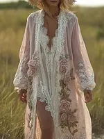 Women's Spring And Summer Linen Lace Patchwork Casual Long Cardigan