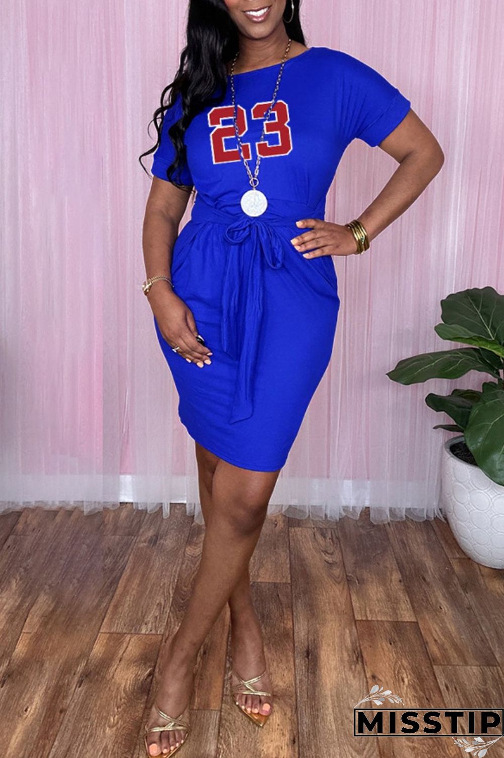 Blue Casual Print Basic O Neck Short Sleeve Dress