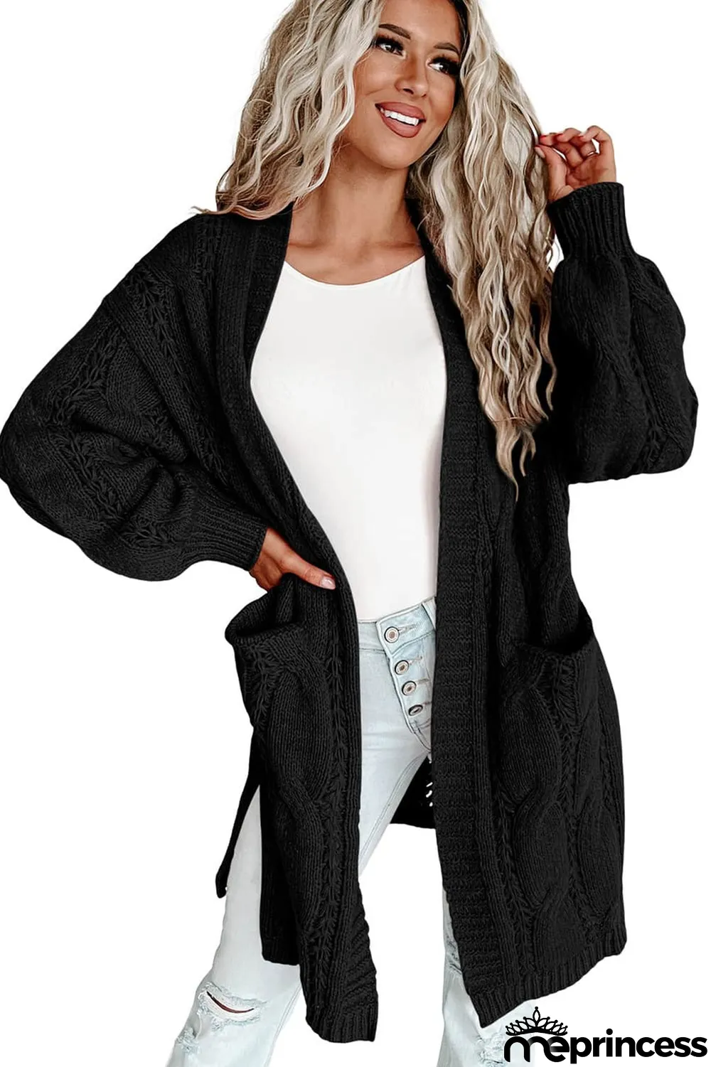 Black Ribbed Trim Eyelet Cable Knit Cardigan