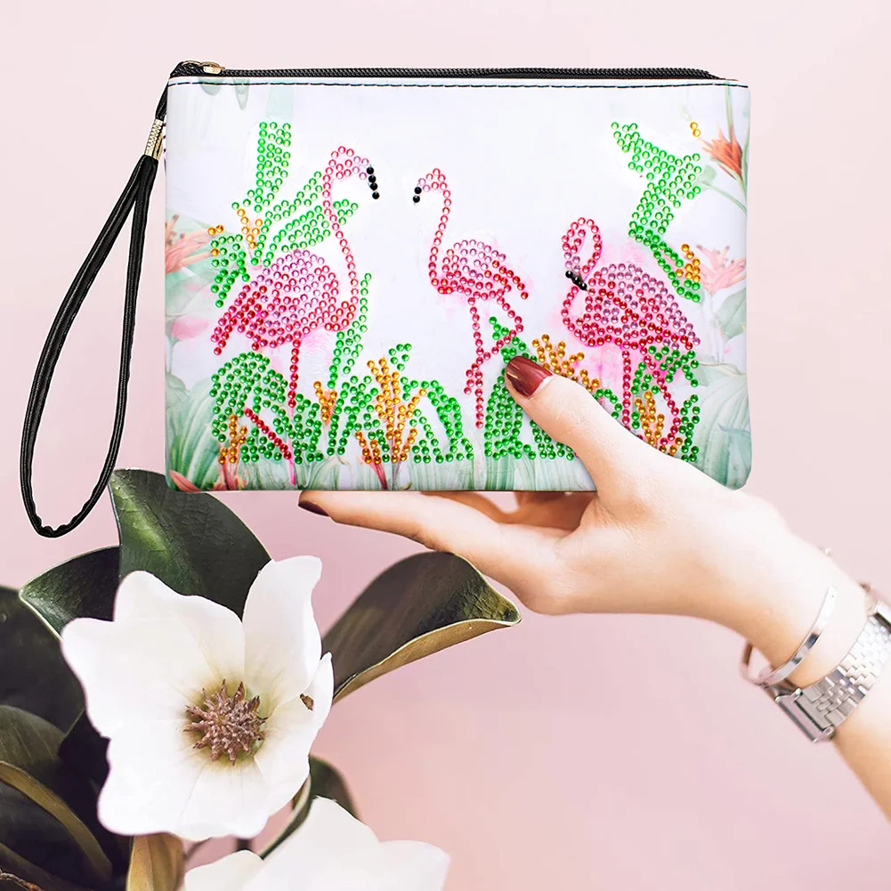 DIY Flamingo Diamond Art Cosmetic Bag Flowers Single Sided PU Women Clutch